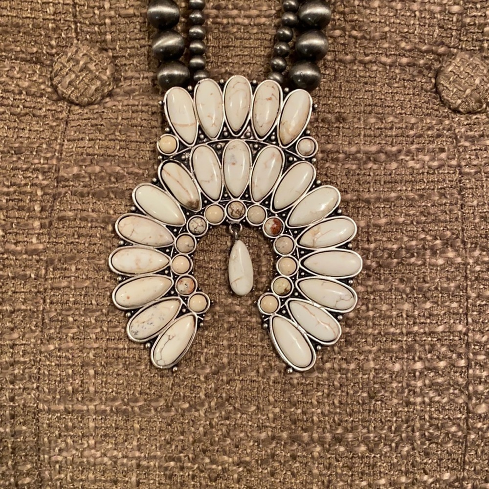 White turquoise and Navajo pearl squash blossom faux necklace